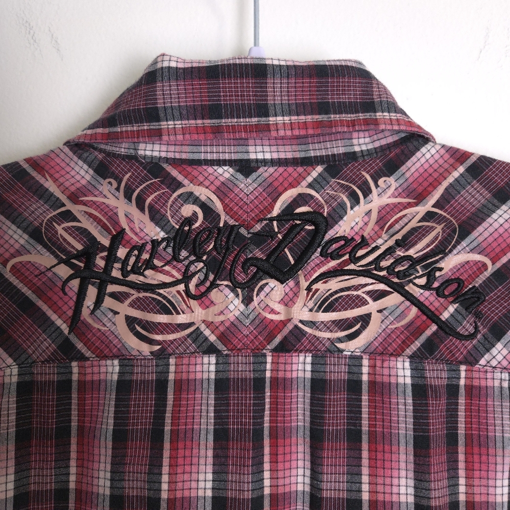 HARLEY DAVIDSON‎ Embroidered Logo Pink Check 3/4 Sleeve Casual Shirt L - Picture 7 of 8